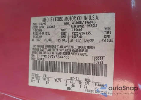 2000 Ford Ranger Xl/Xlt из США, поврежденный, VIN 1FTYR10V3YPA44653